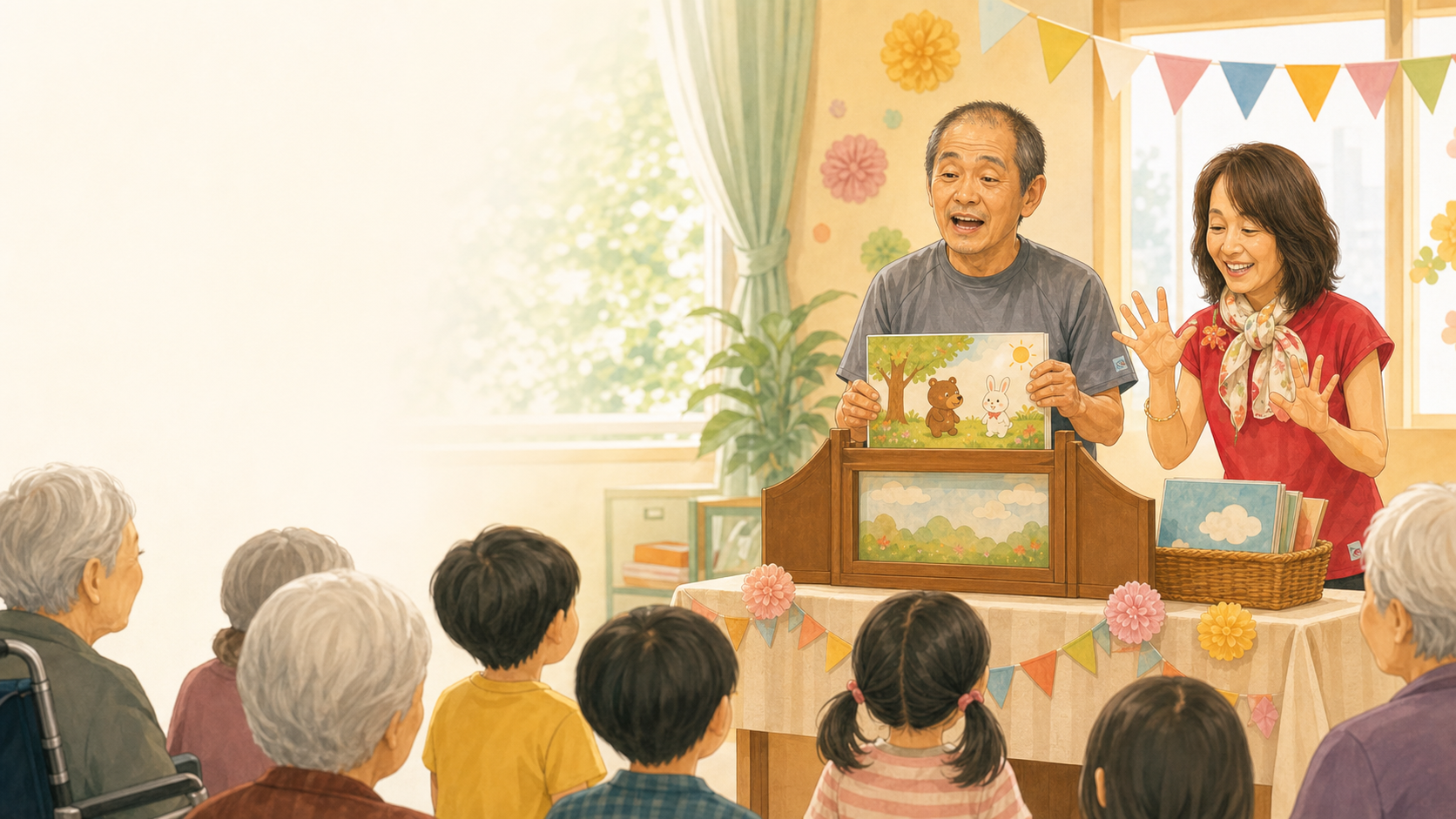 紙芝居と手遊びを演じる年配の夫婦と、子どもと高齢者が一緒に楽しむ会場のイラスト